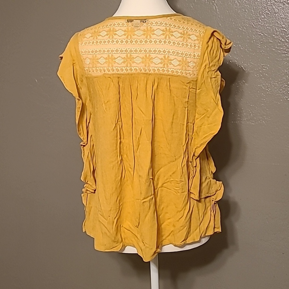 American Eagle lace up yellow mustard ruffles lightweight cotton blend top small - Picture 3 of 11